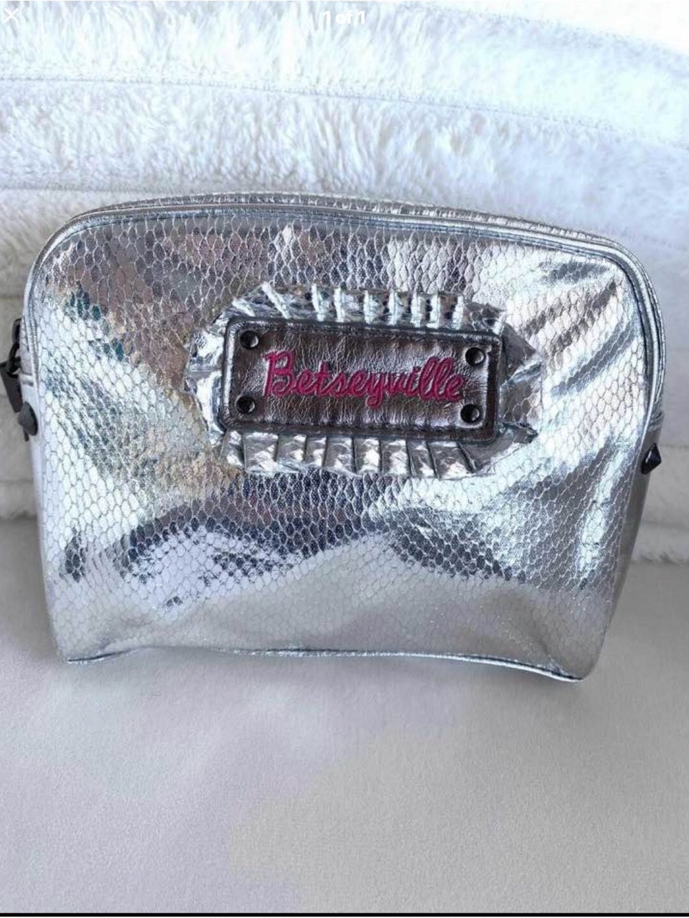 $15 Bundle Item - NEW Betsey Johnson Silver Textured Cosmetic Bag with Pink Logo